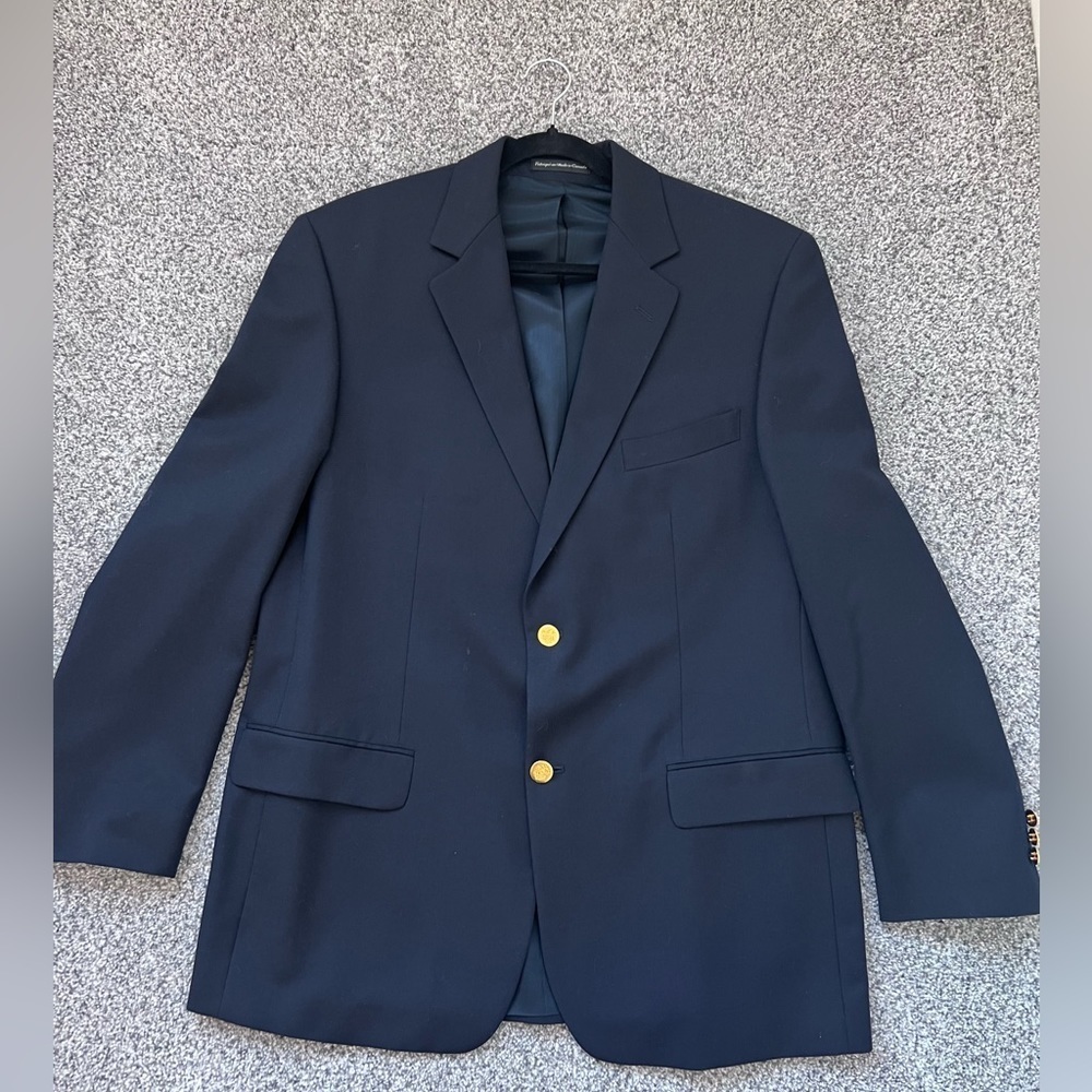 Men’s Botany 500 Navy Blue 100% Virginia Wool Gold Button 42R Sport Coat Blazer